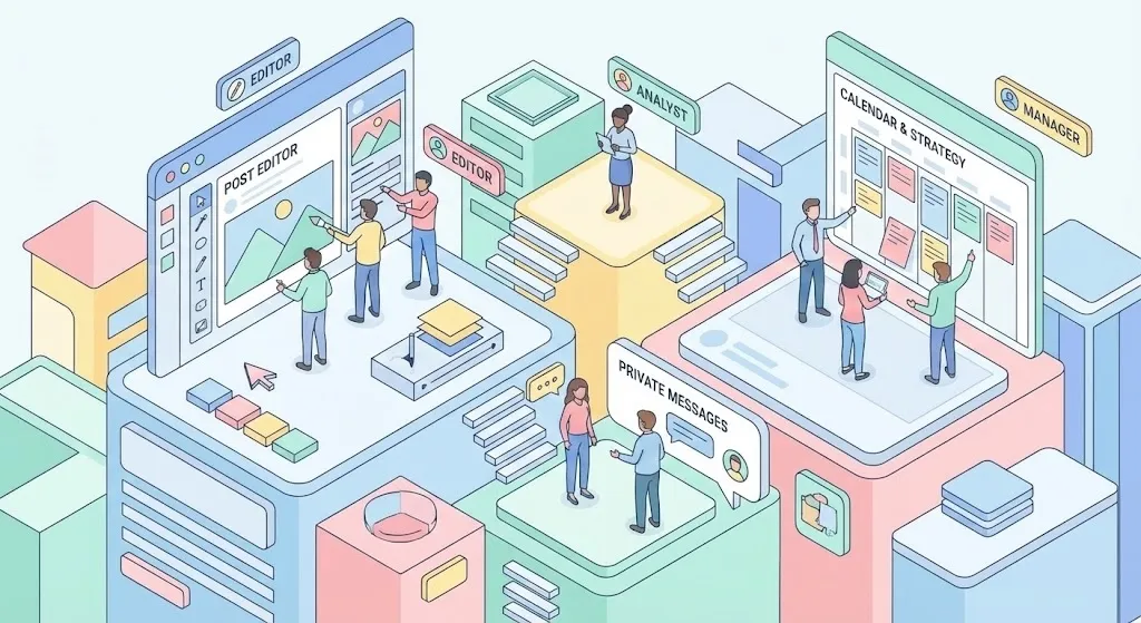 equipo colaborando en gestión de redes sociales