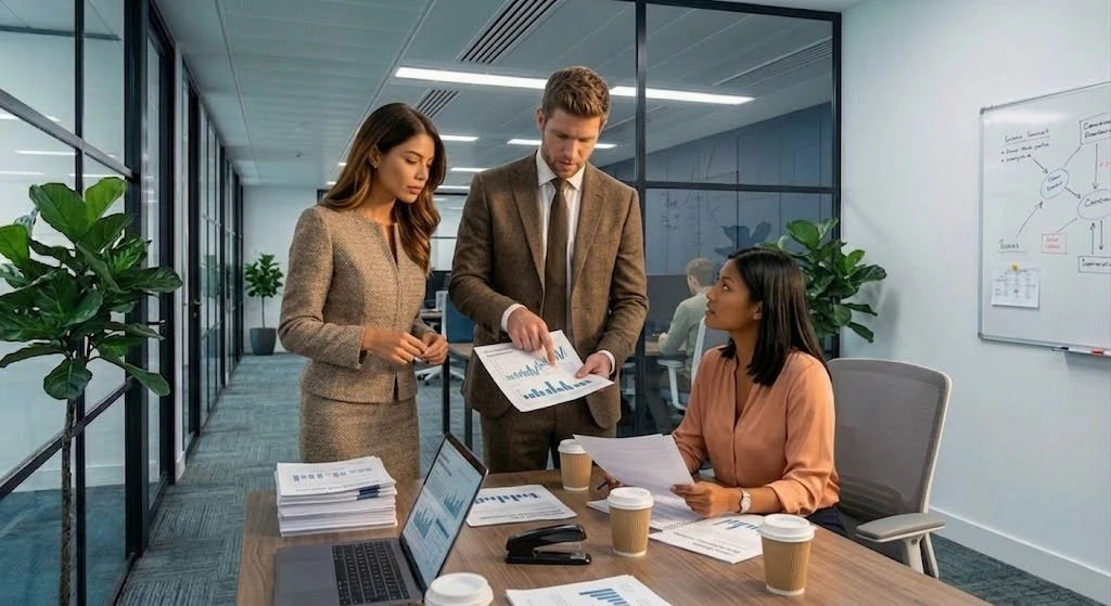 Equipo empresarial planificando acciones de comunicación digital para mejorar la credibilidad
